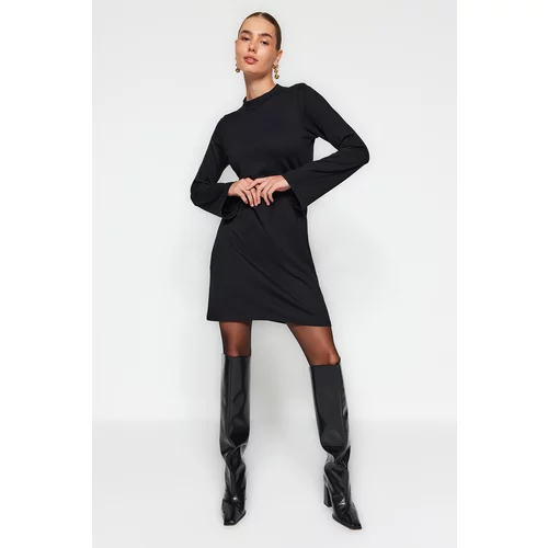 Trendyol Black Stand-Up Collar Spanish Sleeve Mini Interlock Knitted Dress