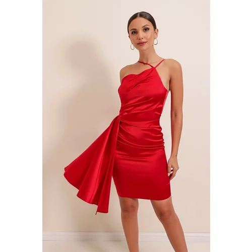 By Saygı Red Short One-Shoulder Rope Strap Gathered Lined Satin Dress