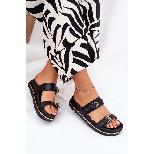 Boto Women's Smooth Platform Slippers With Straps And Buckles Black Ziferte Cene