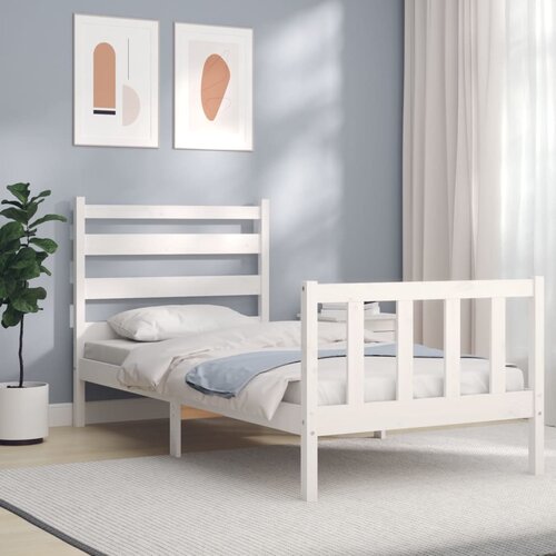 The Living Store Posteljni okvir z vzglavjem bel 100x200 cm trden les - Posteljni Okvir, (21525654) Slike