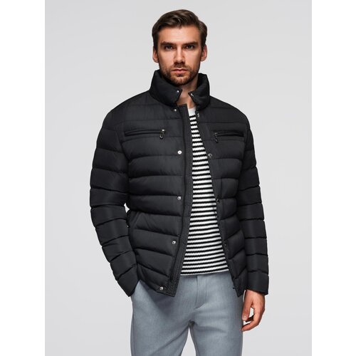 Ombre Men&amp;#039;s lightweight jacket of combined materials with hood and decorative quilting - black Slike
