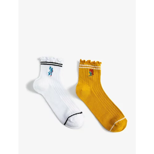 Koton Set of 2 Socks with Floral Embroidered Ruffle Detail