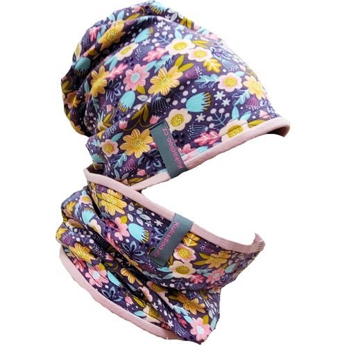 Kukadloo Cotton cap + neck warmer / purple flowers Slike
