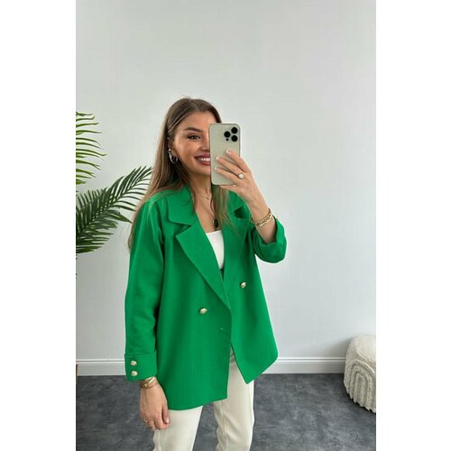 Laluvia Green Linen Gold Buttoned Oversize Jacket Slike