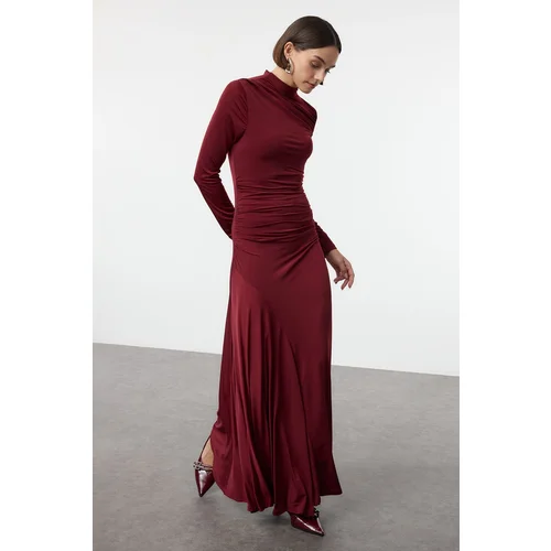 Trendyol Burgundy Fitted/Fits the Body Stand Collar Long Sleeve Flexible Maxi Knit Dress