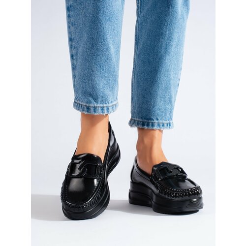 SHELOVET Black lacquered women's loafers with buckle Slike