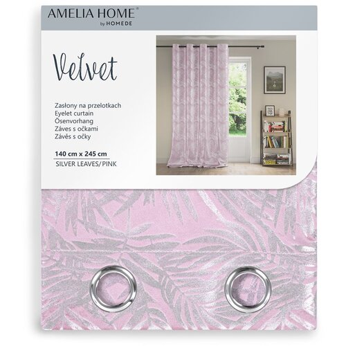  Curtain SILVERLEAVES color powder pink printed style glamor silver eyelets velvet 140x245 AmeliaHome Slike