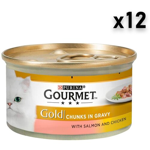 Gourmet Gold vlažna hrana za mačke, piletina i losos, 12x85g Slike
