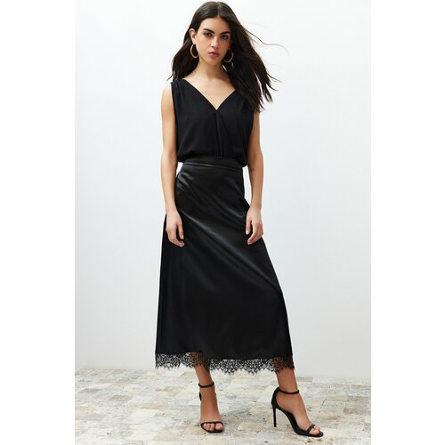 Trendyol Black Satin Skirt with Lace Detail Midi Woven Skirt Slike