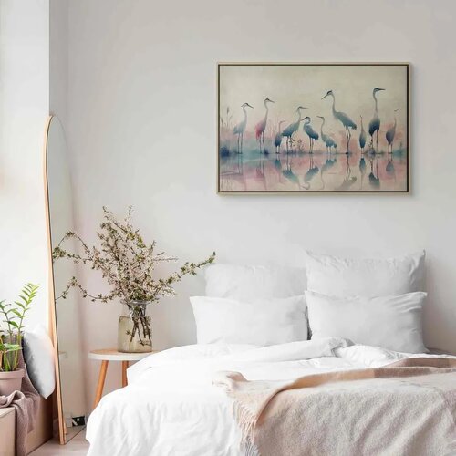  Slika - Birds by the lake - herons painted in watercolour in delicate grey and pink colours 120x80 U prirodnom drvenom okviru Slike
