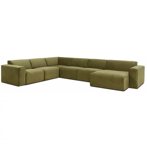 Scandic kaki zelena baršunasta modularna sofa u obliku slova U Sting, desni kut