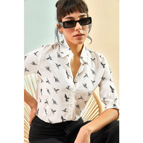 Bianco Lucci Women's Bird Patterned Fold Sleeve Viscose Shirt Slike