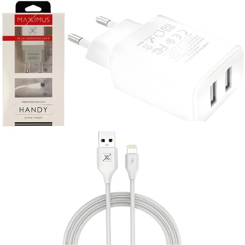 Maxximus mrežni punjač + kabel - 2.1A Lightning - 2x USB - Bijela Cene