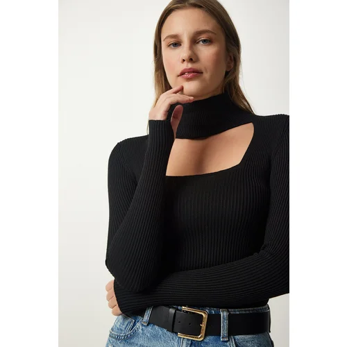  Women's Black Cut Out Detailed Stand Collar Ribbed Knitwear Sweater