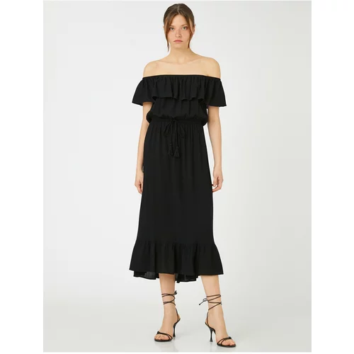 Koton Midi Length Dress With Open Shoulders, Ruffles With Tie Waist