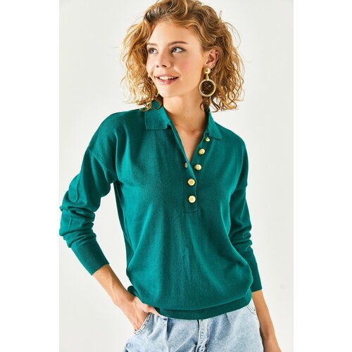 Olalook Women&amp;#039;s Emerald Green Gold Buttoned Polo Neck Knitwear Blouse Slike