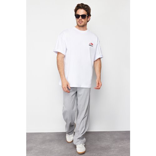 Trendyol men's white oversize printed embroidery 100% cotton t-shirt Cene