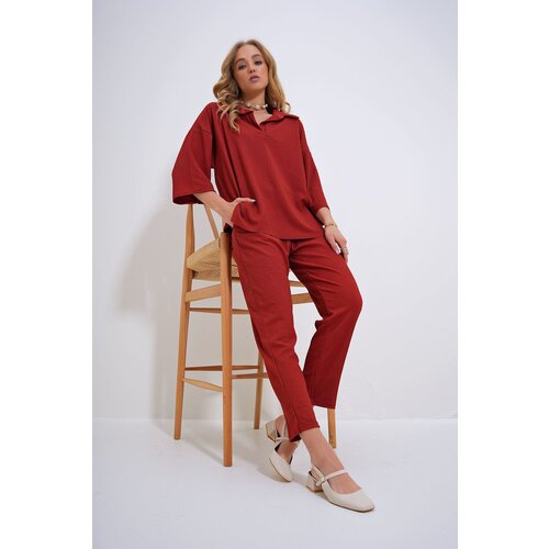 Trend Alaçatı Stili Women's Tile Oversize Shirt Collar Blouse And High Waist Trousers Set Slike