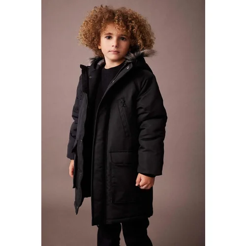 Defacto Boy&#39;s Hooded Water Repellent Plush Lining Long Coat