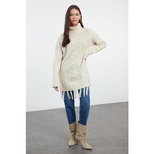 Trendyol Stone Hair Braid Patterned Tassel Knitwear Sweater Slike