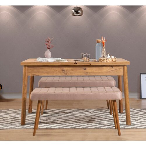 Hanah home Santiago 0900 - Atlantic Pine, Stone Atlantic PineStone Extendable Dining Table & Bench Set (3 Pieces) Cene