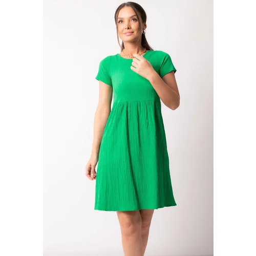 armonika Women's Green Decollete Decollete Elastic Detail Short Sleeve Dress