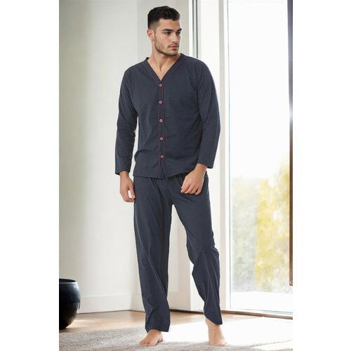 Dewberry J4425 Mens Buttoned Long Sleeve Pyjama Set-NAVY BLUE Slike