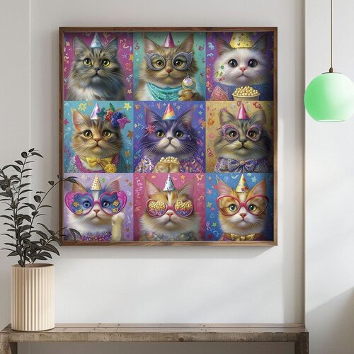 Wallxpert uramljena mdf slika DOS042-50, devet mačaka sa rođendanskim kapicama i šarenim naočarima, 50 x 50 cm Cene