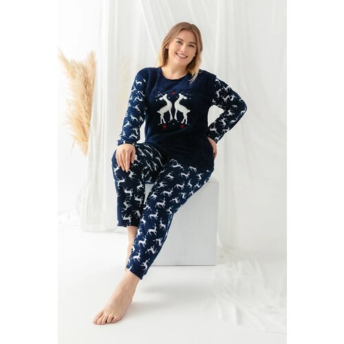 Trendyol Curve Navy Blue Christmas Patterned Knitted Pajama Set Slike