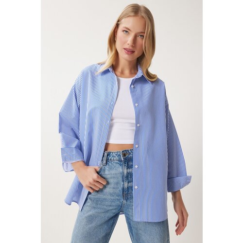 Happiness İstanbul Women's Blue Striped Oversize Long Basic Shirt Slike