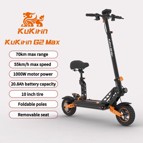Kukirin Električni skuter G2 Max 48v 20.8Ah Visokokakovostna litijeva baterija 1000W Super Power Motor Smart Meter Nastavljiva sedežna torba 10-palčne pnevmatike Opremljene s tremi LED lučmi, (21672901) Cene