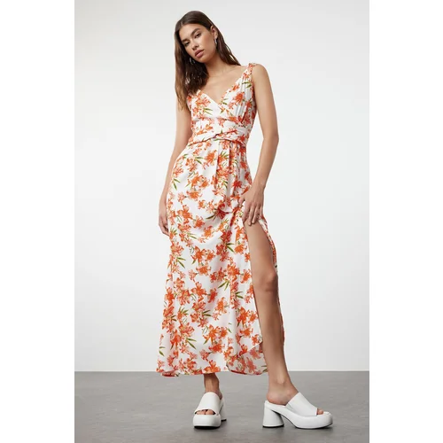 Trendyol Orange Floral Patterned Double Breasted Slit Detailed Maxi Woven Dress