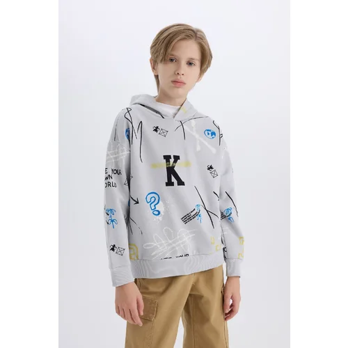 Defacto Boy Oversize Wide Pattern Hooded Patterned Thick Sweatshirt