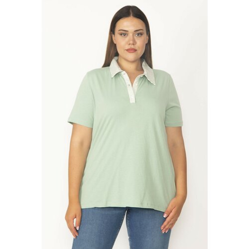Şans Women's Plus Size Green Cotton Fabric Polo Collar Pat Buttoned Blouse Slike