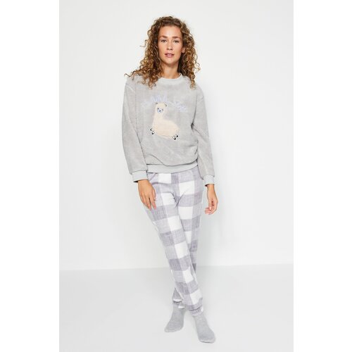 Trendyol Gray Wellsoft Lama Pattern T-shirt-Pants and Knitted Pajamas Set Slike