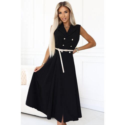 numoco basic 596-3 Elegant midi shirt dress with gold buttons and belt - black Cijene