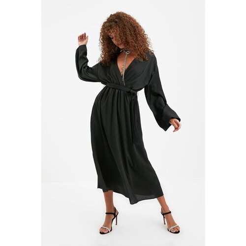 Trendyol Black Belted Satin Dress Slike