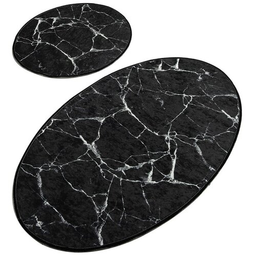 Chilai komplet 2 črnih ovalnih kopalni&amp;scaron;kih preprog marble Slike