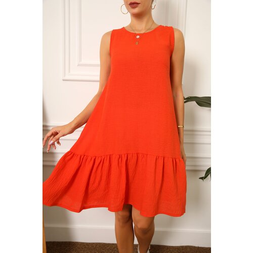 armonika Women's Orange Linen Look Textured Sleeveless Dress with Frill Skirt Slike