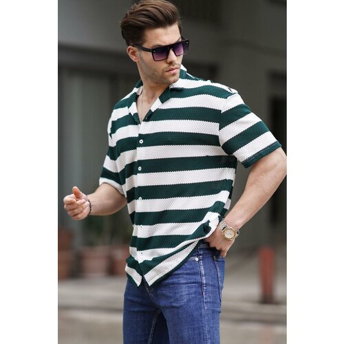 Madmext Men's Emerald Striped Short Sleeve Shirt 6730 Slike