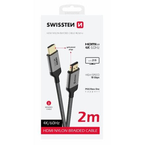 Swissten kabel HDMI 2.0, 60Hz, 18GB/s, 4K, do 21:9, 2m, pozlaćeni konek, crni Cene