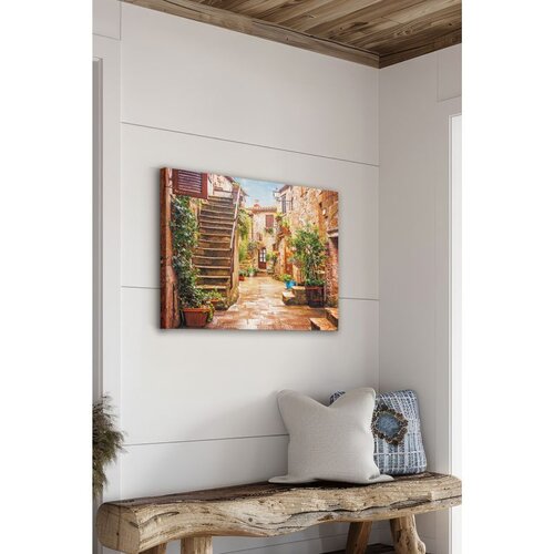 Wallxpert slika na platnu Ersyfdc46, mediteranska kamena uličica sa stepeni&scaron;tem i cvećem u toplim tonovima, 70 x 100 cm Cene