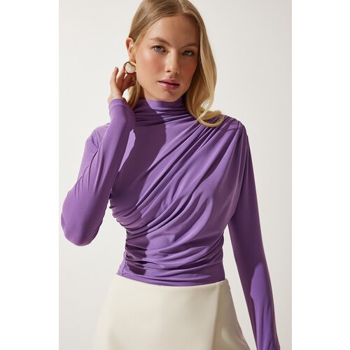 Women's Lilac Gathered Detailed High Neck Sandy Blouse Slike