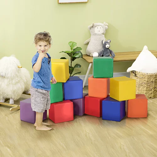 HOMCOM Komplet 12 mehkih kock brez ftalatov, izobraževalna igrača za otroke od 18 mesecev naprej, 20x20x20cm, večbarvna, (20753038)
