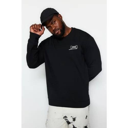 Trendyol Black Men's Plus Size Regular/Regular Cut Comfy Minimal Printed Sweatshirt with a Soft Pile inside.