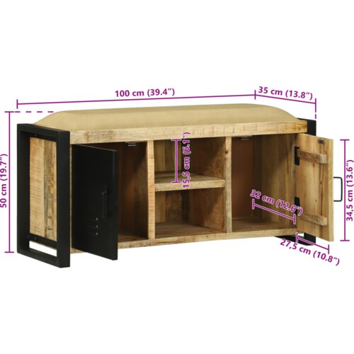 VidaXL klupa ormar 100x35x50 cm čvrsto drvo hrapavo mango Slike