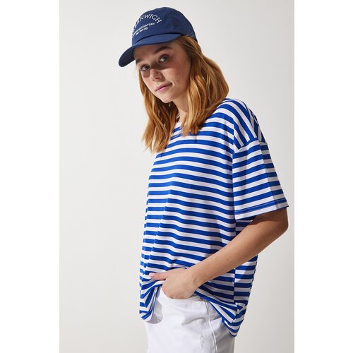 Happiness İstanbul women's blue crew neck striped oversize knitted t-shirt Slike