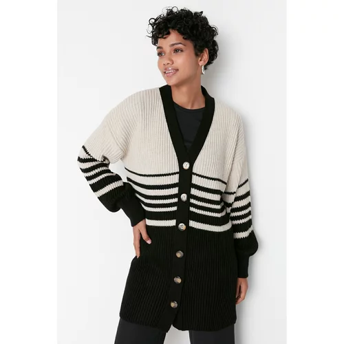 Trendyol Black and White Striped Bone Button Detailed Knitwear Cardigan