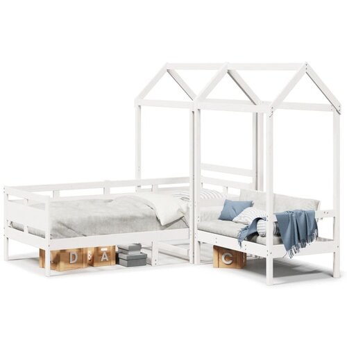 VidaXL Dnevna postelja s klopjo in streho bela 90x190cm trdna borovina Slike