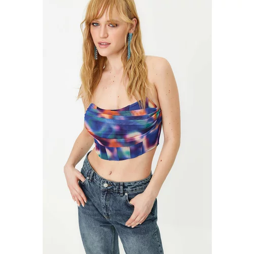 Trendyol Blue-Multicolored Floral Printed Tulle Bustier